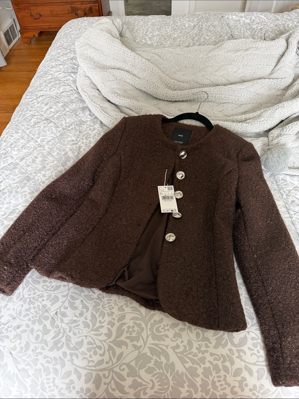 Mango Brown Bouclé Round-Neck Button Jacket